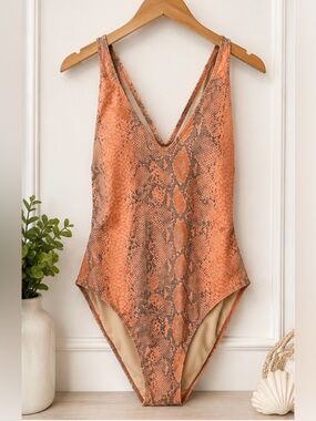 Beach Joy Bikini Snakeskin One Piece Swimsuit Peach Gray Size M
